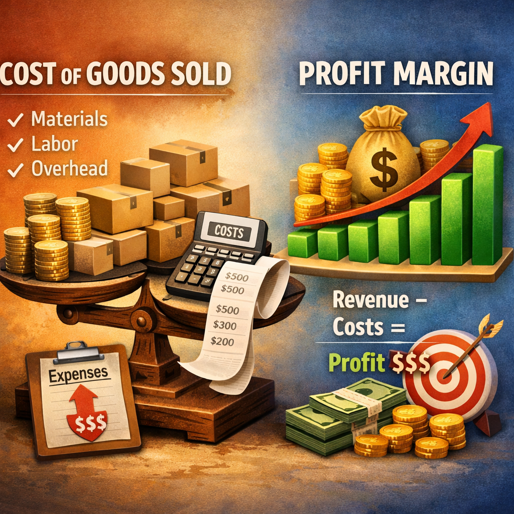 Scales weighing coins and packages labeled costs, chart showing profit margin increasing